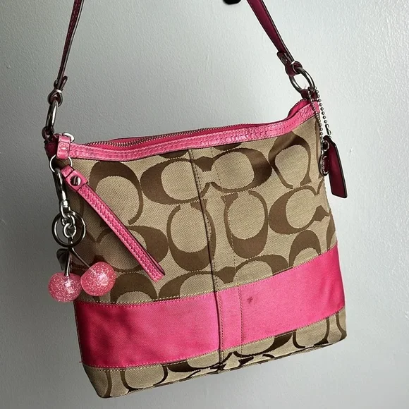 Coach Tan and Pink Signature Shoulder Bag - Picture 1 of 15